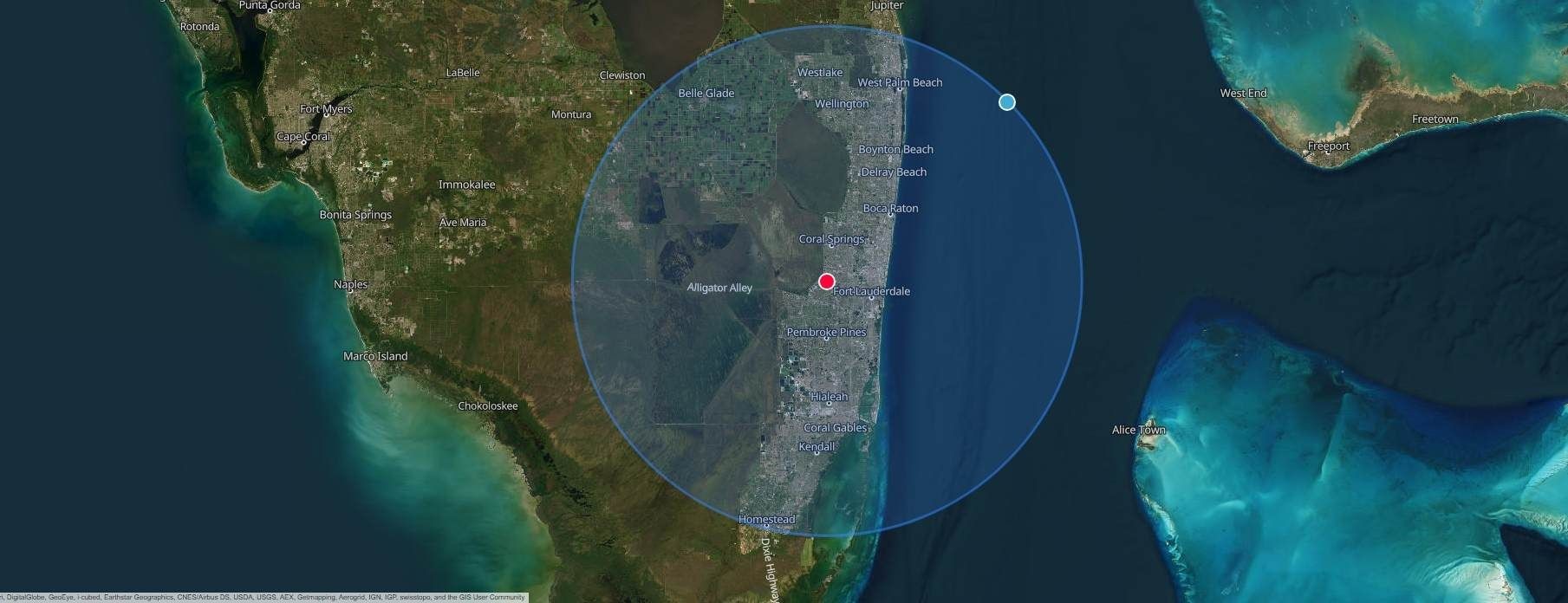 Map showing a 50-mile service radius centered on Sunrise, FL.